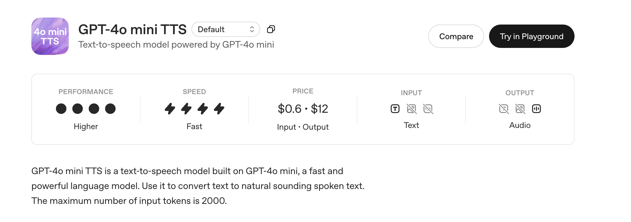 Screenshot of OpenAI GPT-4o mini TTS model details, showing higher performance, fast speed, and text-to-audio input/output.