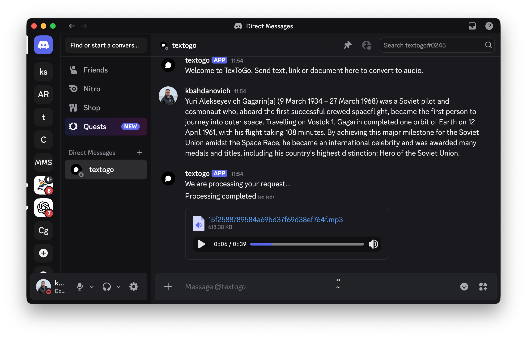 TexToGo in Discord: slash command usage with an audio attachment in the channel.