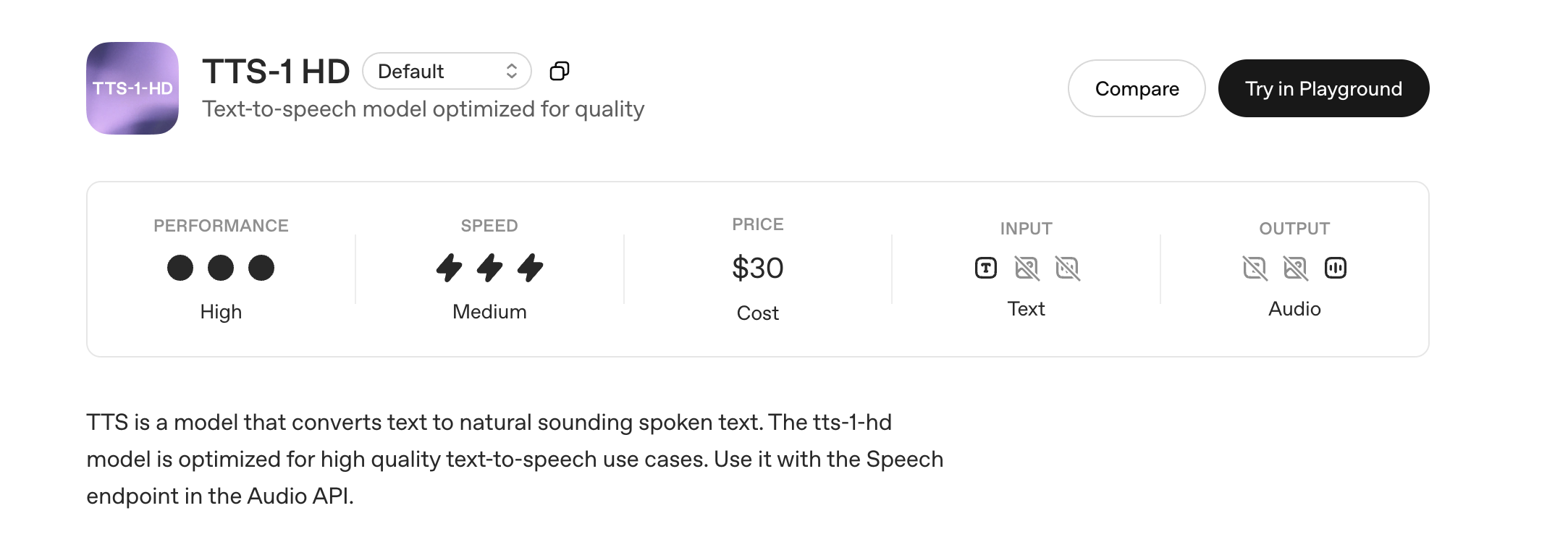 Screenshot of OpenAI TTS-1 HD model details, showing high performance, medium speed, and text-to-audio input/output.