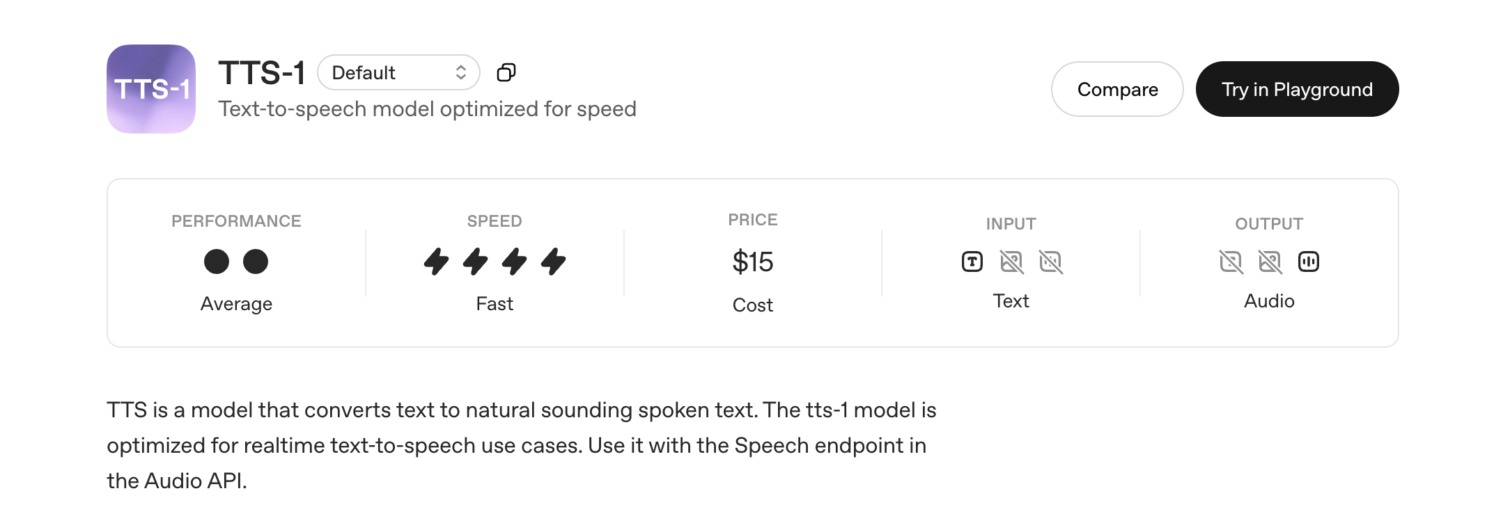 Screenshot of OpenAI TTS-1 model details, showing average performance, fast speed, and text-to-audio input/output.